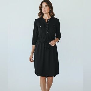 LL Bean Black Drawstring Waist 3/4 Length Sleeve Dress - Small